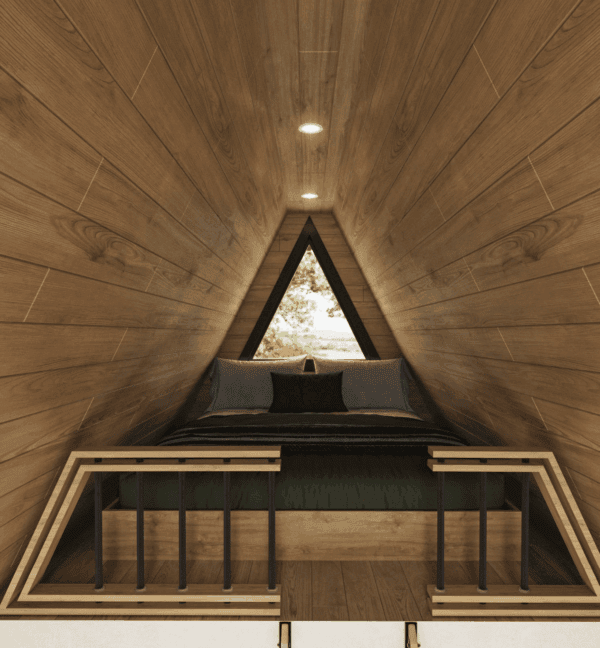 Hochwertiges Holzhaus-Innendesign mit bequemen Bett, moderner Dachstuhl und natürlichem Licht, perfektes Raumkonzept für Bau- und Gartenservice, isolierte Holzfassade, rustikale und elegante Innenraumgestaltung.