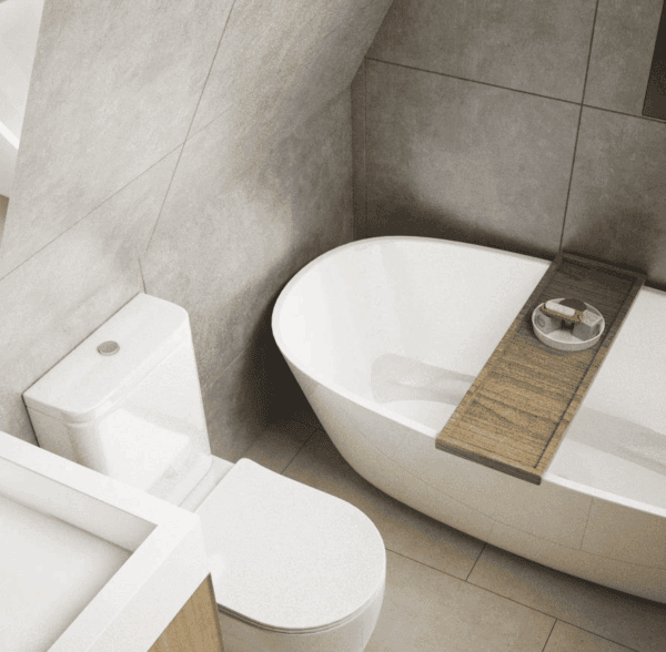 Moderner badezimmer mit freistehender badewanne, wc und duschbereich, hochwertige fliesen, entspannende badezimmereinrichtung, stilvolle badgestaltung, badezimmer renovierung, baugartenservice.