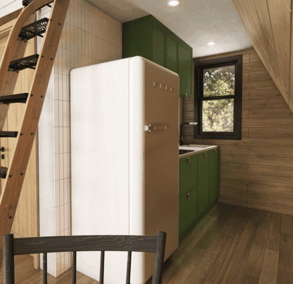 Hübsche, moderne Küchenzeile mit grünem Unterschrank, Retro-Kühlschrank und Holzdecke, ideal für Garten- oder Bauprojekte, hochwertiger Baugartenservice.