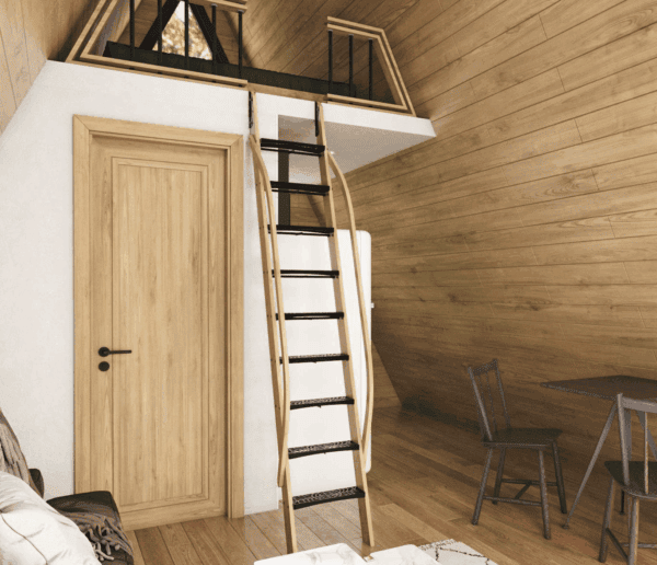 Hochwertiger Dachboden-Ausbau mit Holztreppe und altem Dachstuhl, ideales Raumkonzept für kreativen Wohnraum im Holzhaus.