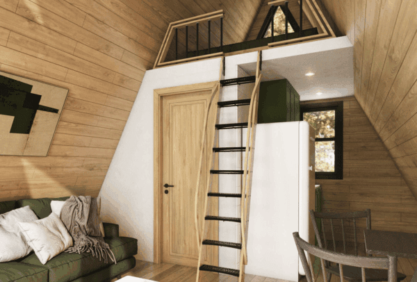 Moderner Holztreppenaufstieg im Innenraum eines Hauses mit Loggia, hochwertige Holzboden- und Wandgestaltung, gemütliches Wohn- und Esszimmer.